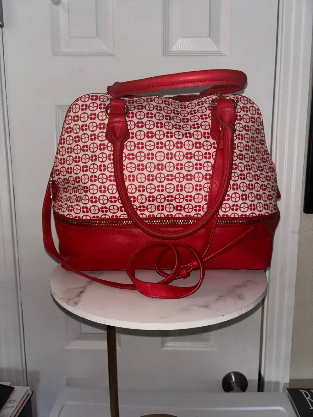 IMAN Red and White Patterned Shoulder Satchel